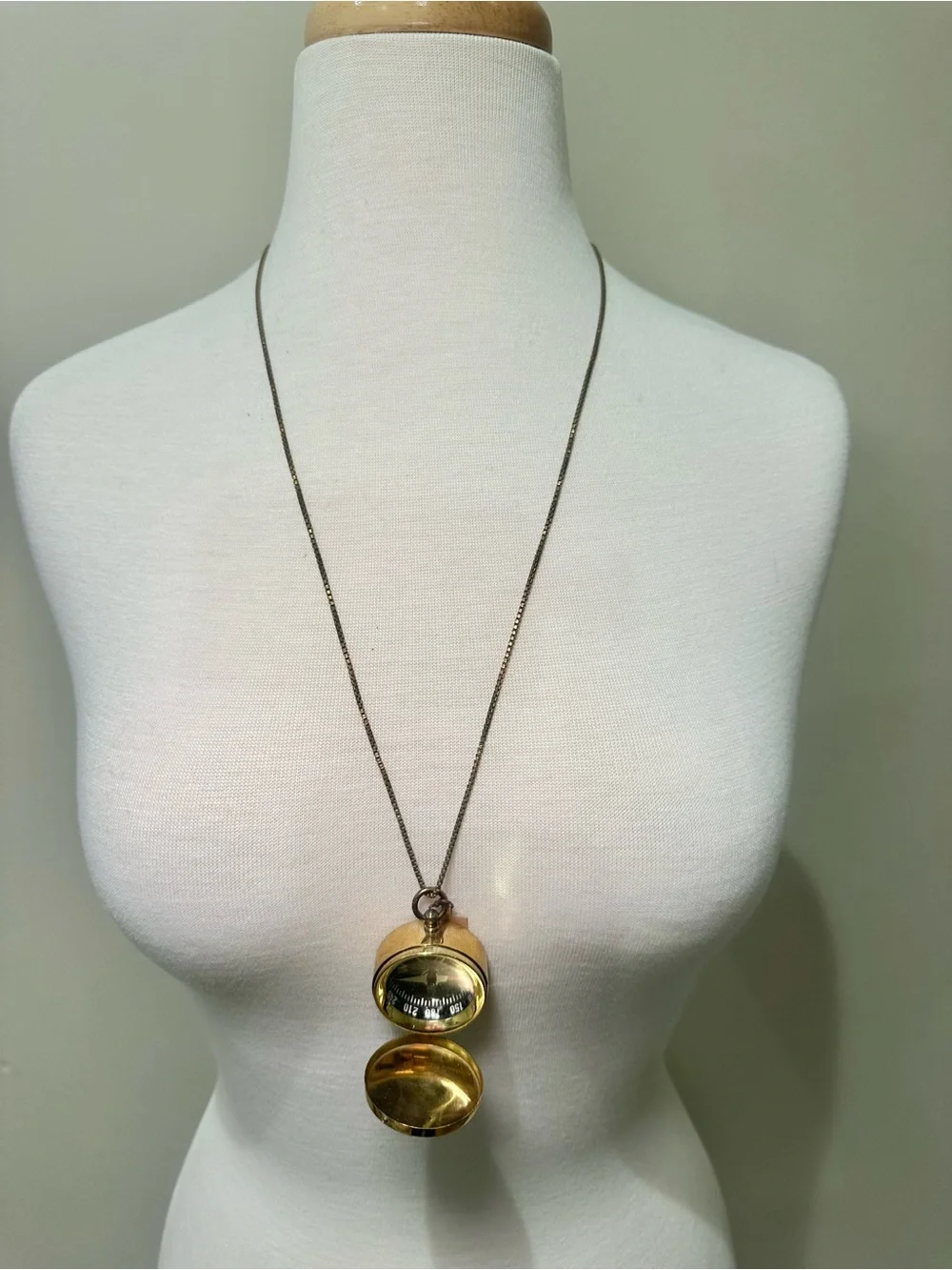 Vintage Style Working Brass Compass Locket Necklace – Long Silver Box Chain